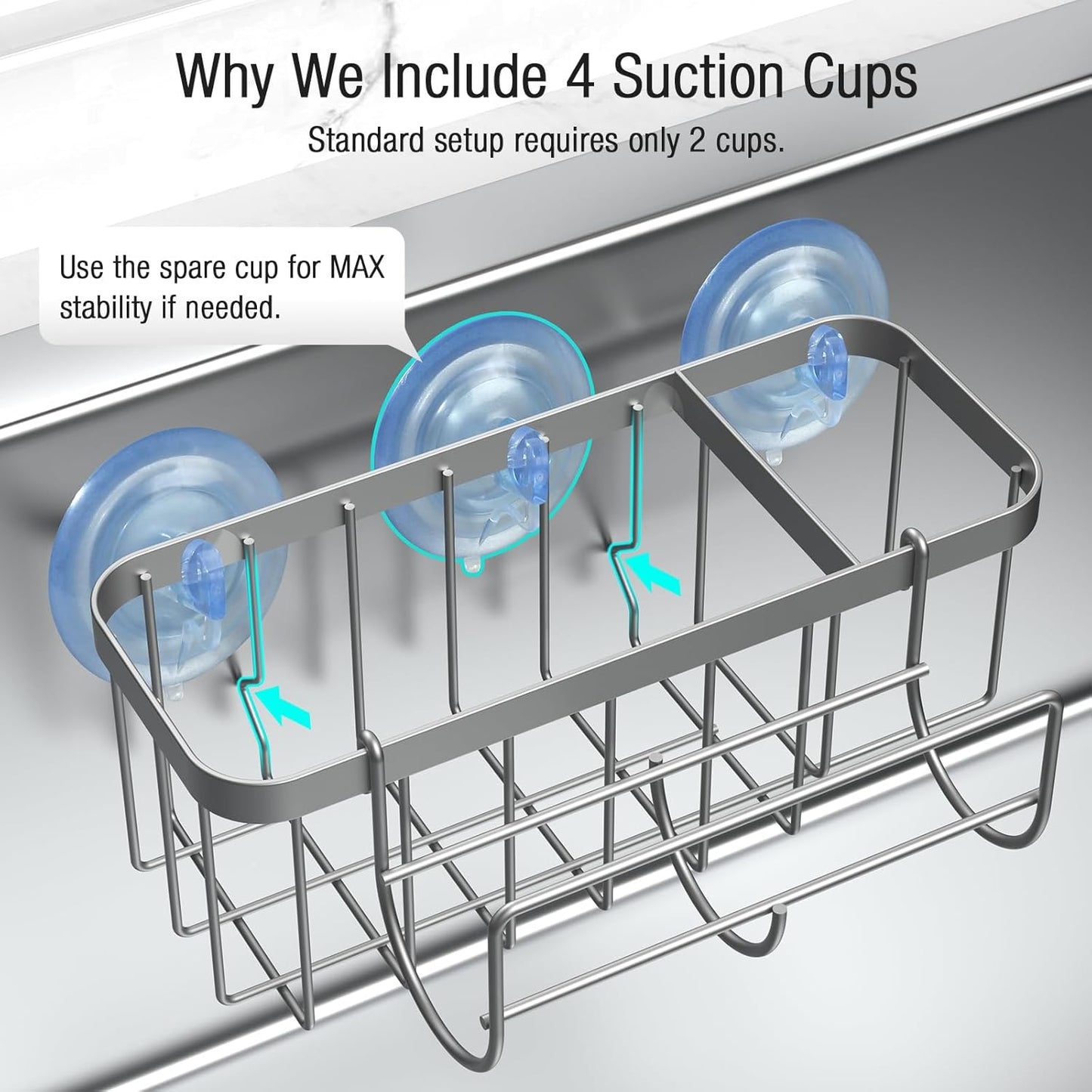 3-in-1 Kitchen Sink Caddy Organizer with Sponge Holder, Brush Holder, Extra Rack for Scrubber, Sink Stopper, Dish Cloth Hanger - Strong Dual Suction Cup, 2.0mm SUS304 Stainless Steel - Grey