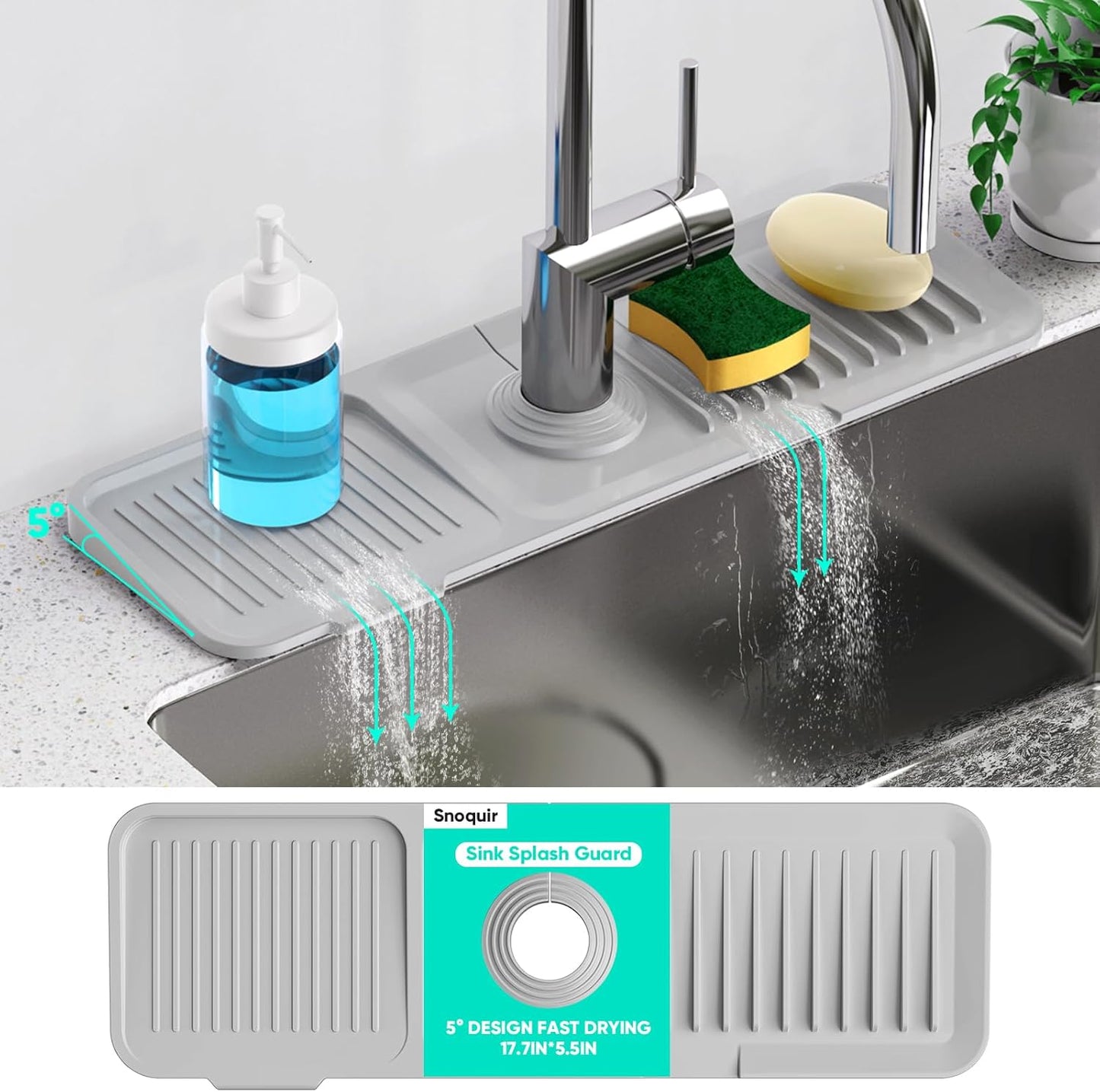 24 Inch Longer Faucet Mat for Kitchen Sink, 5° Slope Fast Self-draining, Kitchen Sink Splash Guard Silicone Sink Faucet Mat Splash Guard Kitchen Sink Area Tidy Splash Faucet Guard Draining Mat
