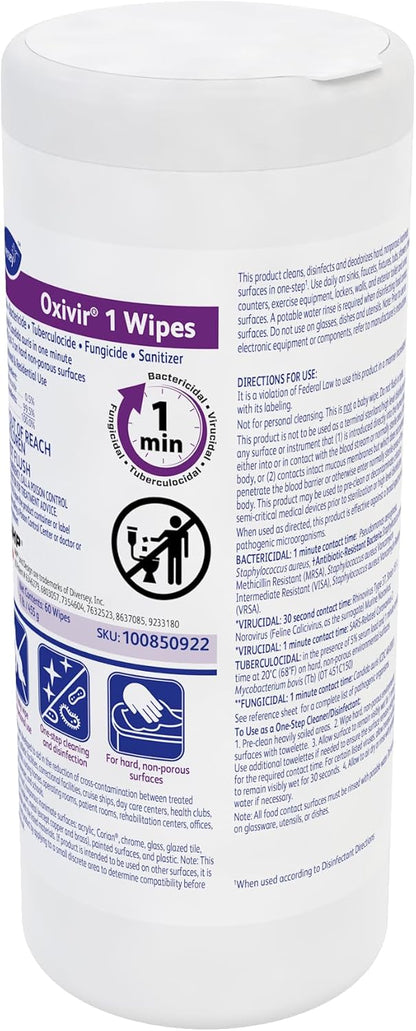 Oxivir Diversey 1 Disinfectant Wipes, AHP Hydrogen Peroxide Cleaner, Multi-Surface Cleaner for Home & Commercial Use, Medium Wipes, 60 Count Slim Canister