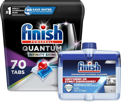 Finish Quantum Infinity Shine - 70 Count Dishwasher Detergent + Finish Dishwasher Cleaner - Liquid Fresh 4 x 8.45 oz.