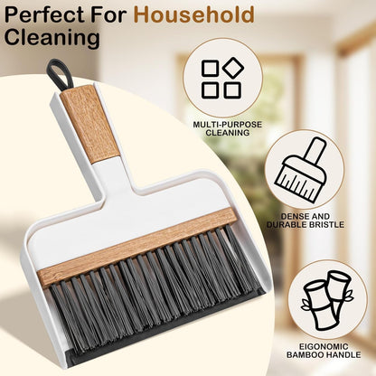 THINKLEARN Mini Dustpan and Brush Set, Portable Broom and Dustpan Combo Set with Bamboo Handle, Handheld Broom Set for Cleaning Desk Drawers Sofas and RV