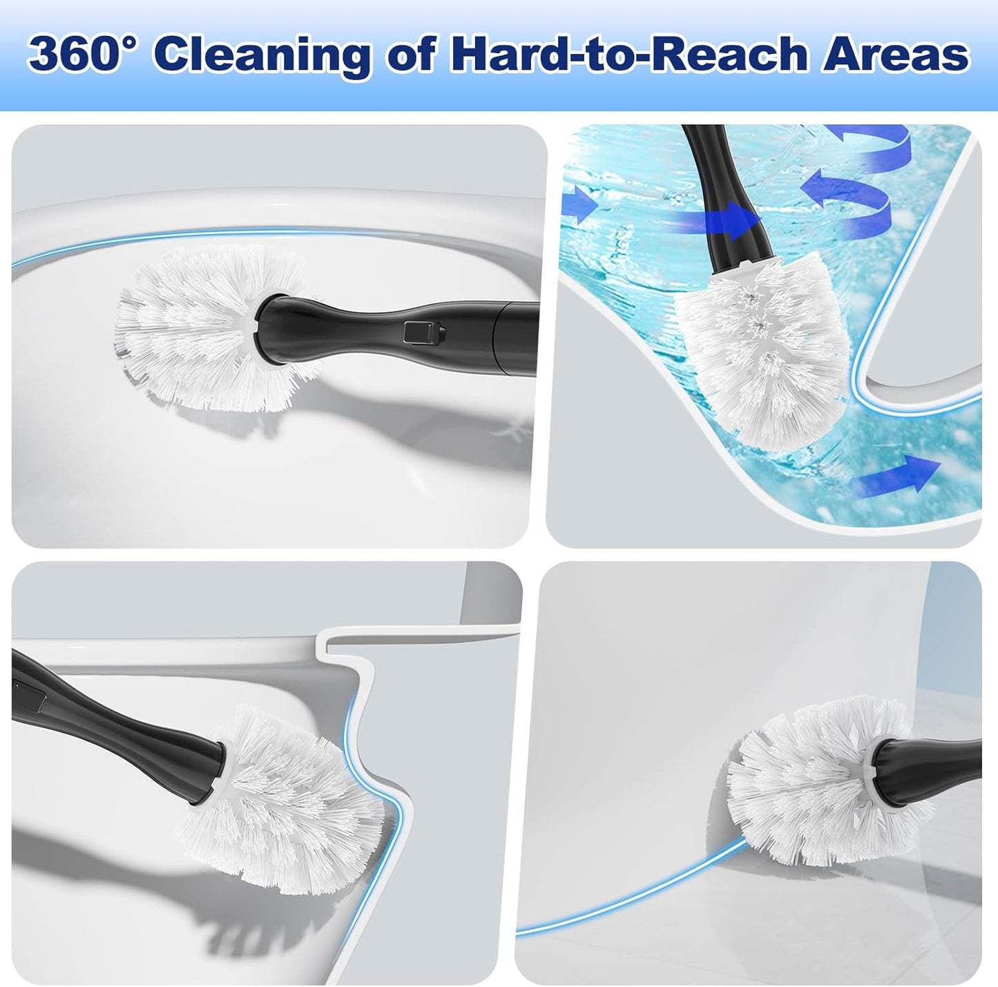 Electric Toilet Brush and Holder Set, Electric Toilet Bowl Brush, Toilet Brush Cleaner Set with 5 Refills Disposable Cleaner Brush, Floor Standing, Wall Mounted Without Drilling, Rechargeable, White