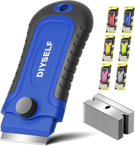 DIYSELF 1 Pack Razor Blade Scraper with 15 Extra Blades, Scraper Tool for Cleaning Window, Paint, Cooktop, Oven, Glass Stove Top Scraper, Razor Scraper with Buit-In Blade Storage