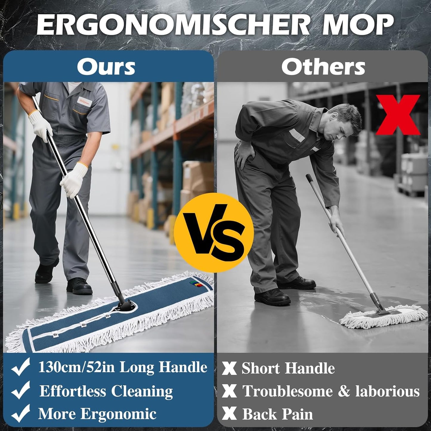 42" Commercial Dust Mop for Floor Cleaning, MASTERTOP Large Flat Mop with Long Handle, Sweeping Broom with 2 Different Mops Pads, Industrial Mop for Hardwood, Tile, Gym, Office, Mall, Warehouse