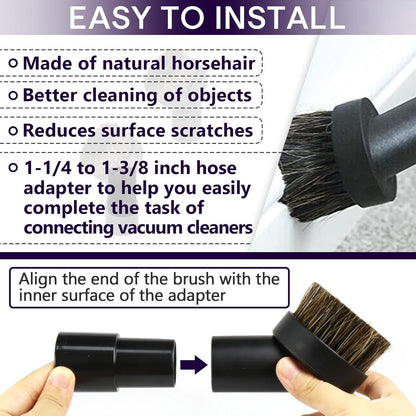 3PCS Horse Hair Brush Vacuum Attachment Set - Black Round Horse Hair Vacuum Attachments & Brushes - Shop Vac Brush Attachment for Most Vacuum Cleaners Accessories - 1 1/4" Vacuum Attachments Included
