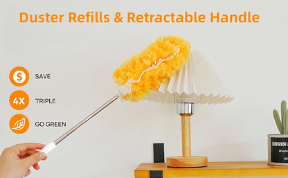Heavy Duty Duster Refills, Disposable Dusters Kit for Cleaning Dusting Furniture Blind Ceiling Fan, Multi Surface 360 Feather Duster(10)+3FT Extended Handle（1） (Navy Blue)