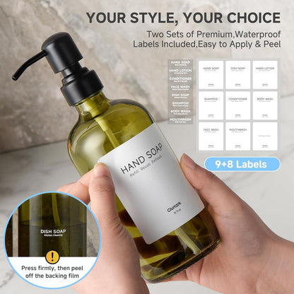 2 Pack Kitchen Soap Dispenser Set - 16oz Amber Glass Dish and Hand Soap Dispenser with Stainless Steel Pump, Instant Dry Tray, Dish Brush & Holder, Refillable Countertop Sink Decor for Kitchen & Bath