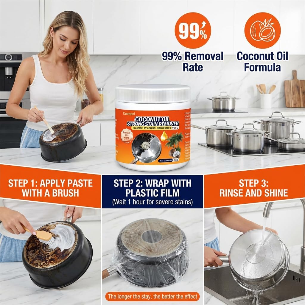 Coconut Oil Strong Stain Remover, Multi-purpose Kitchen Cleaner, Pot Bottom Black Stain Cleaner, Pan Bottom Cleaning Paste,Powerful Kitchenware Cleaner, Oil Stain Remover (399, Grams)