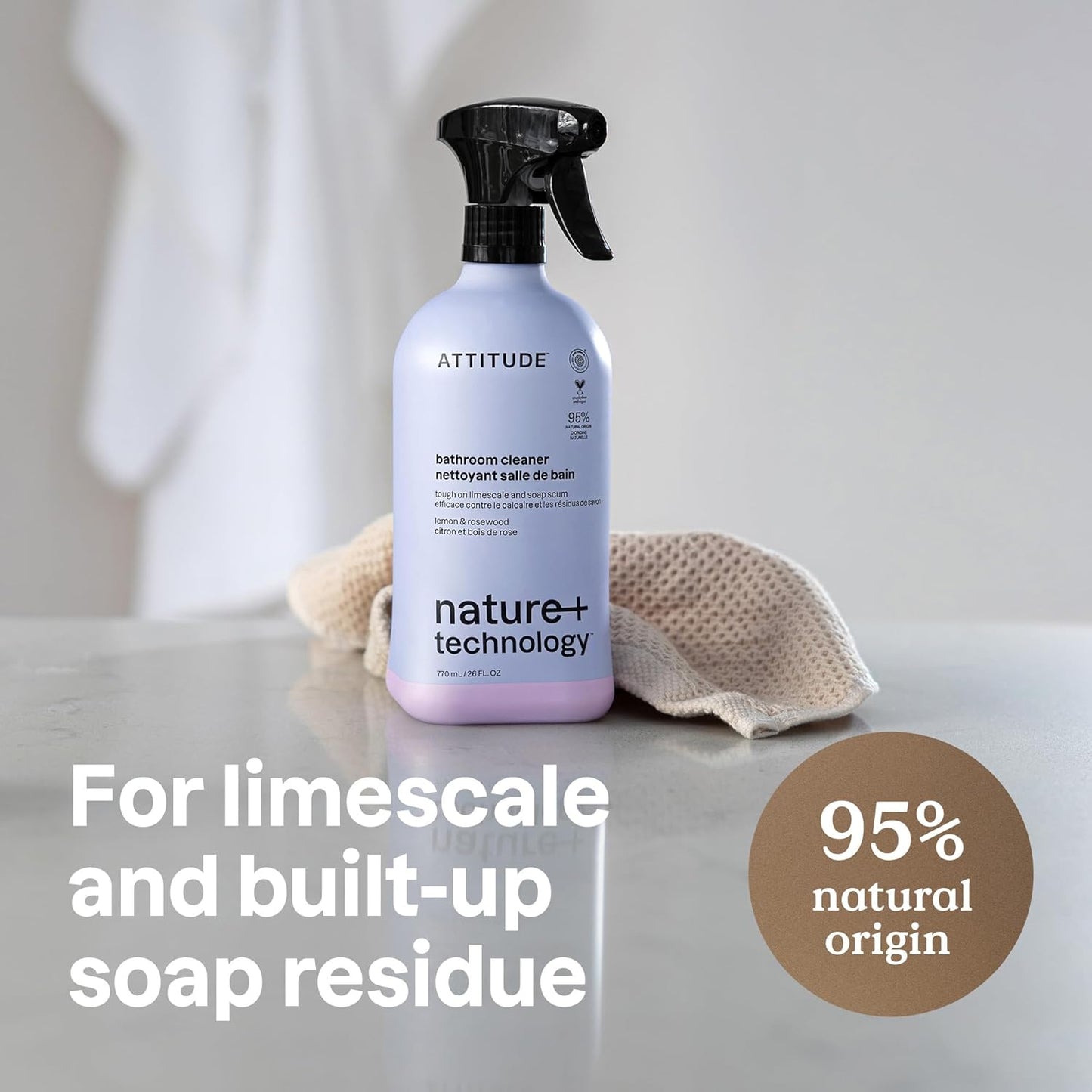 ATTITUDE Bathroom Cleaner Spray, Natural Origin Ingredients, EWG Verified, Eliminates Soap Scum, Limescale, Streak Free, Lemon & Rosewood, 26 Fl Oz