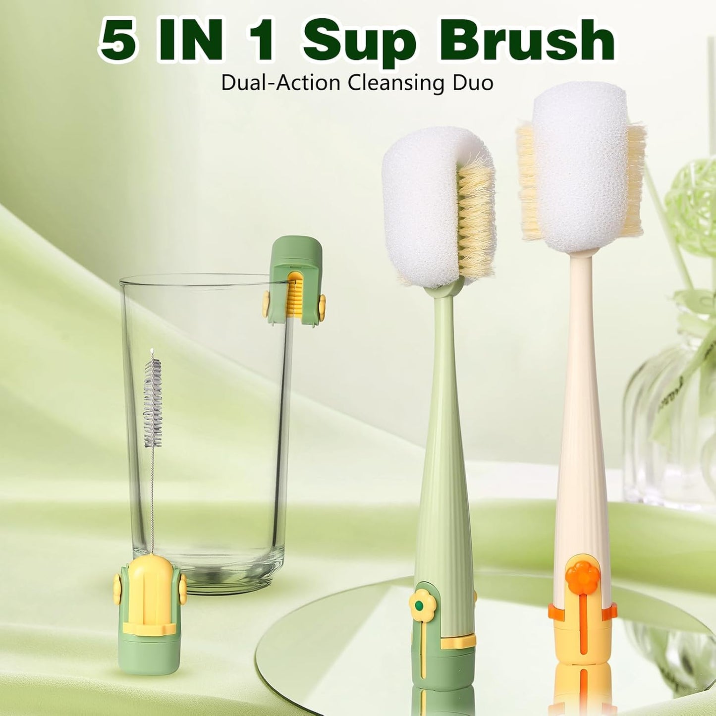 5 in 1 Bottle Cleaning Brush Set, 2026 Multifunctional Lid Brush Cleaning Tool Kitchen, Portable Long Handle Bottles Scrubber for Cup Lids, Hard Bristle Sponge Head Bottle Brushes (White and Green)