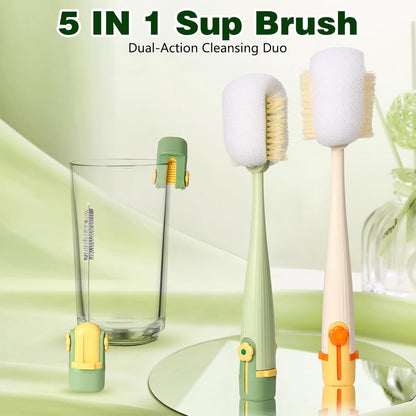 5 in 1 Bottle Cleaning Brush Set, 2026 Multifunctional Lid Brush Cleaning Tool Kitchen, Portable Long Handle Bottles Scrubber for Cup Lids, Hard Bristle Sponge Head Bottle Brushes (White and Green)