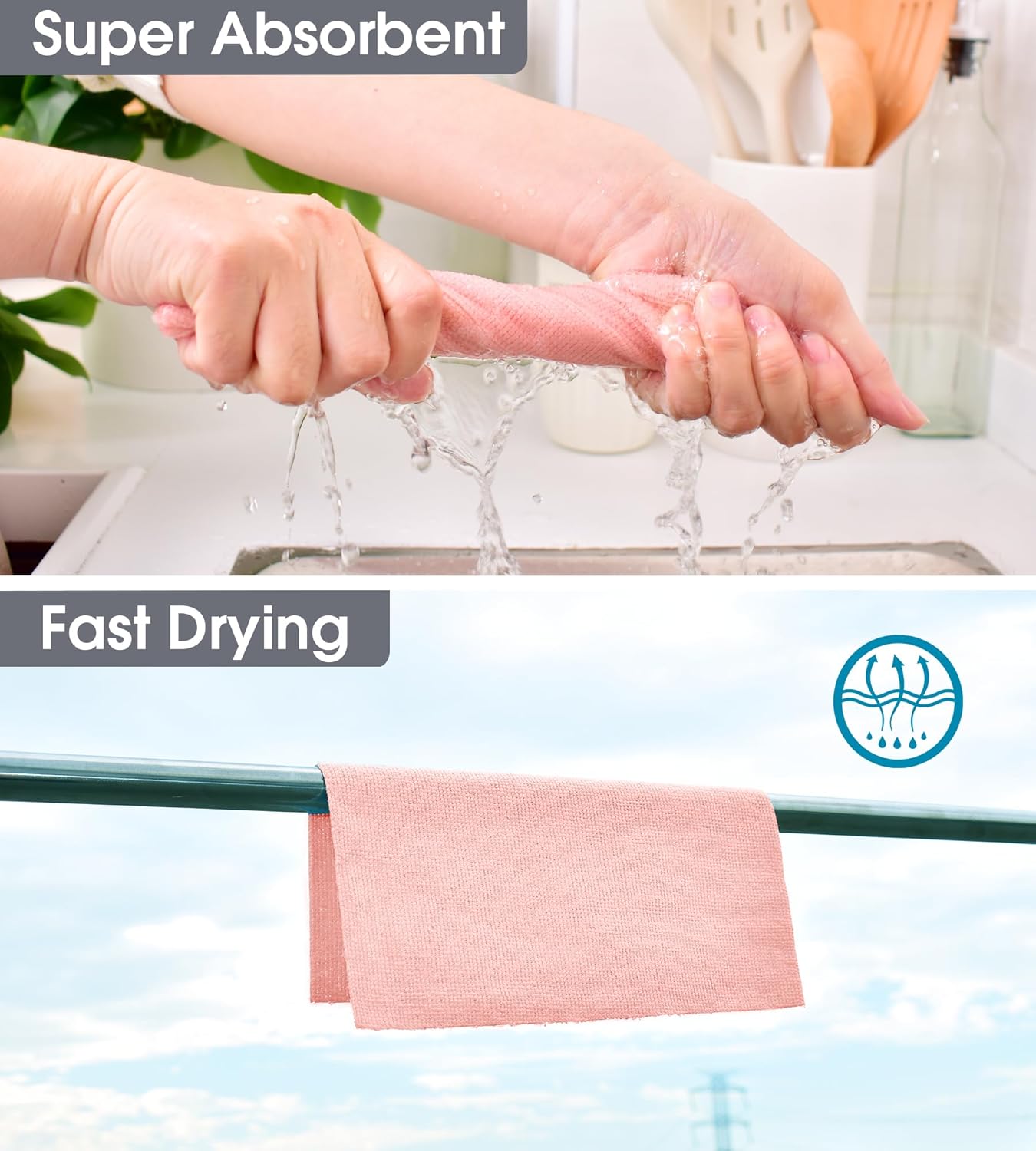 KitchLife Microfiber Cleaning Cloth Roll - Tear-Away Reusable Microfiber Paper Towels, Lint-Free, Washable, 20 Sheets for Kitchen, Car, Dishes, and Sensitive Surfaces (Pink)