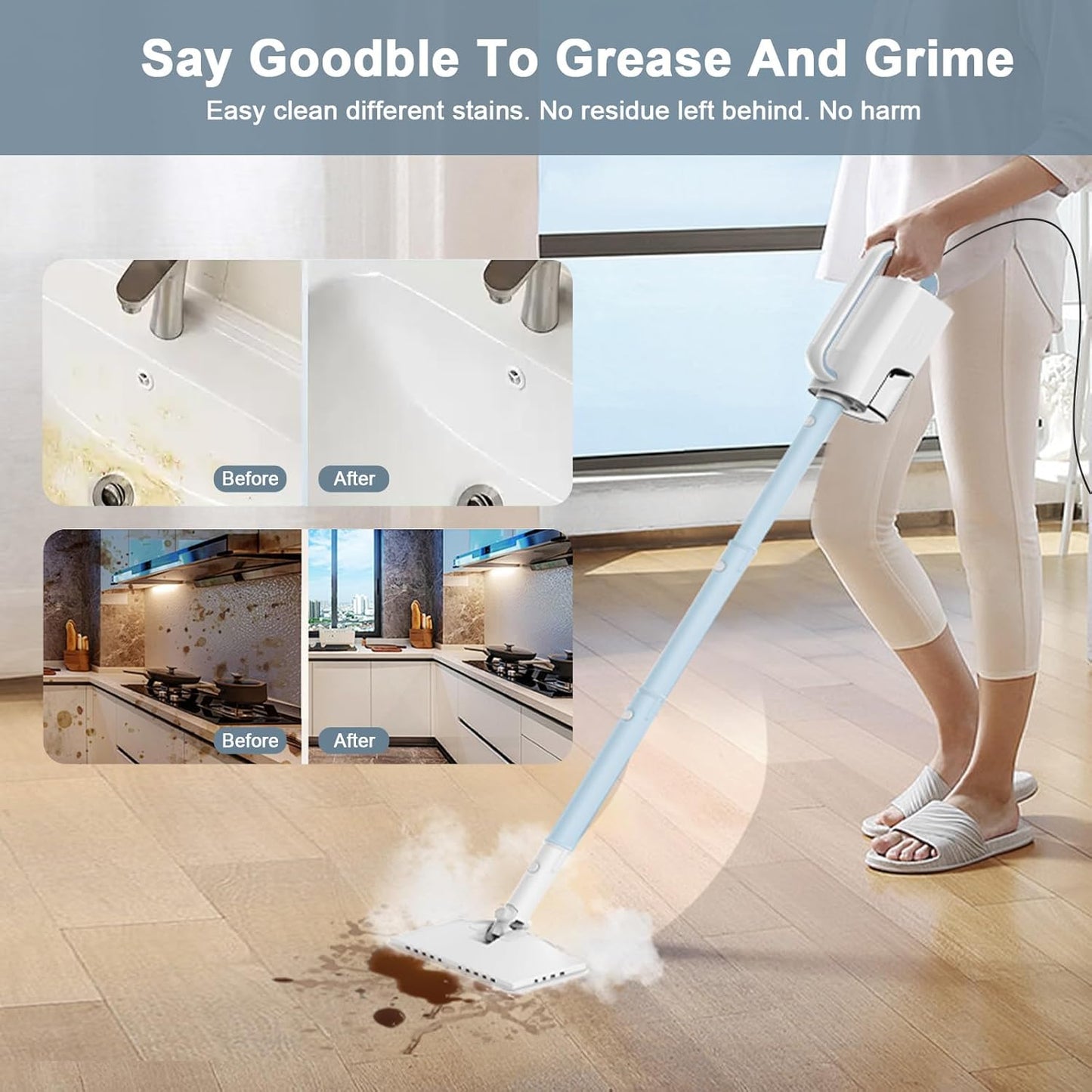 Steam Cleaner, 6 in1 Rotated Steam Mop Cleaner with 2 Modes, 2 Microfiber Pads, 400ML Removable Tank, 23FT Power Cable, Detachable Steam Mops for Floor, Laminate Floor, Tiles Cleaning (Azure)