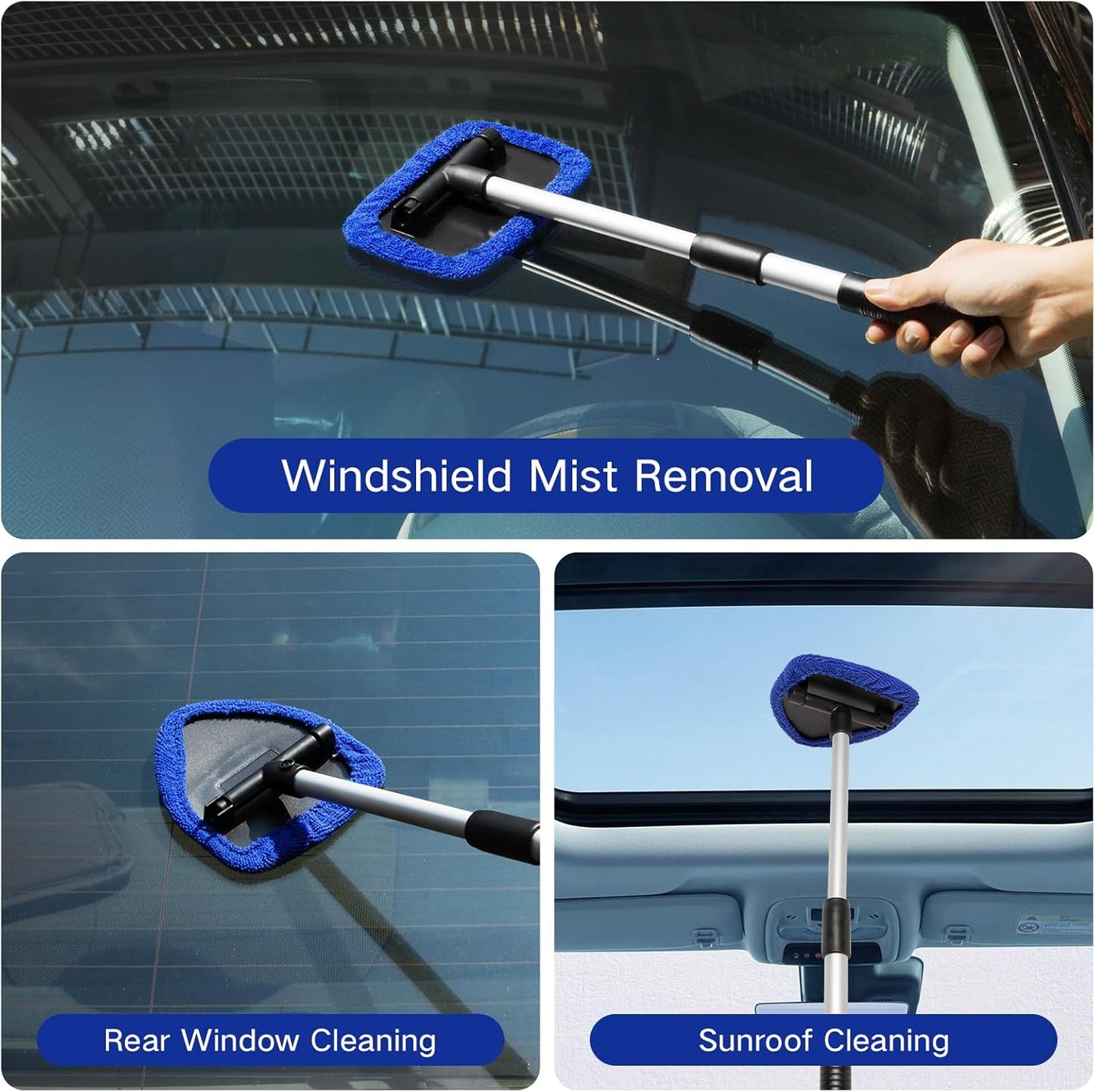 Qydipclin 11pcs Windshield Cleaner Tool, Car Window Cleaning Wash Kit with 6 Reusable Microfiber Pads 2 Spray Bottles and Extendable Handles Auto Glass Wiper Kit, Blue