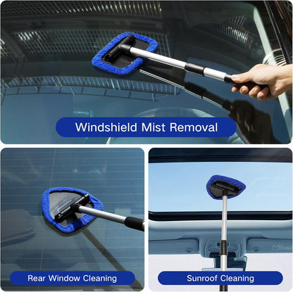 Qydipclin 11pcs Windshield Cleaner Tool, Car Window Cleaning Wash Kit with 6 Reusable Microfiber Pads 2 Spray Bottles and Extendable Handles Auto Glass Wiper Kit, Blue