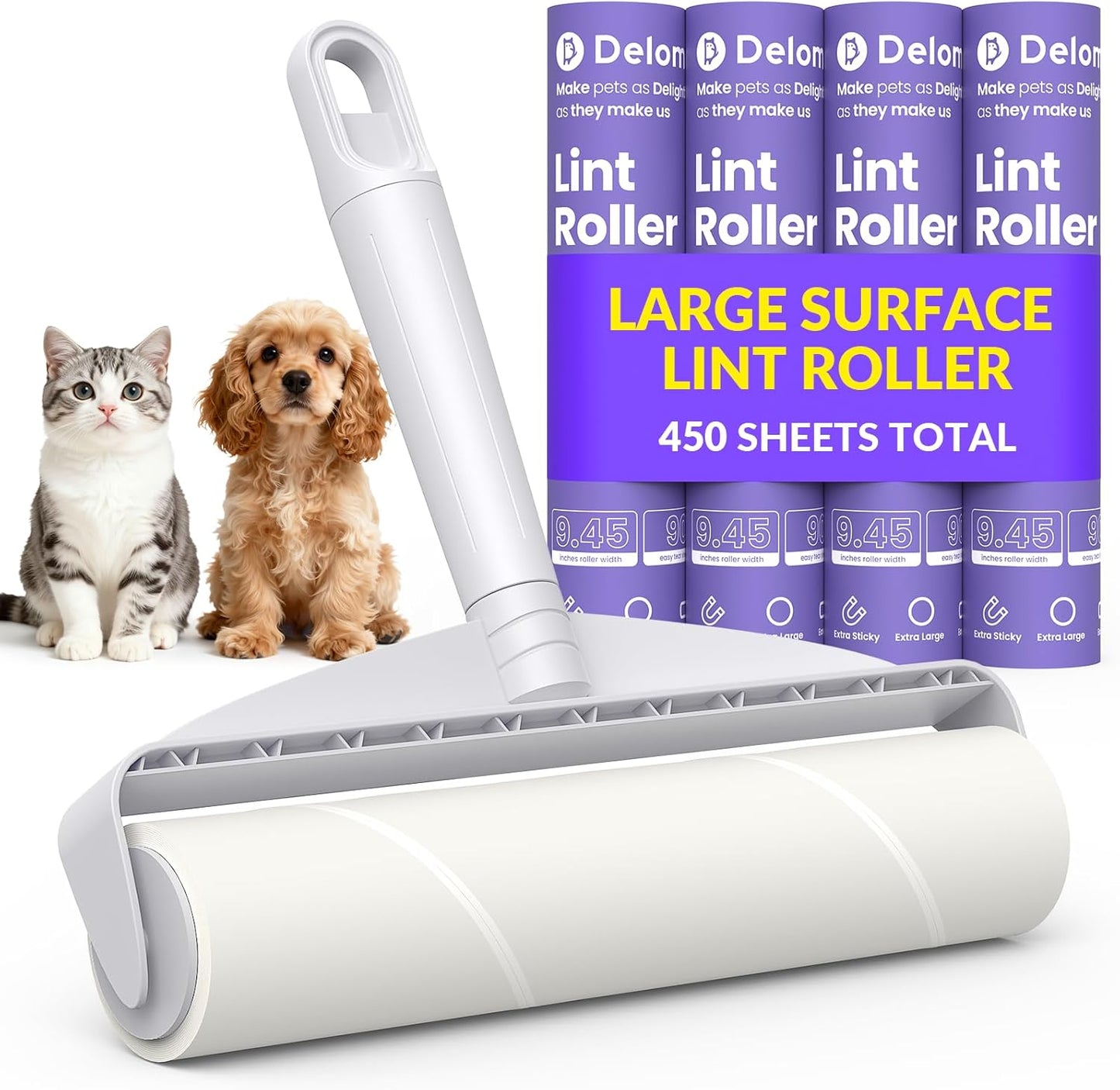 Large Lint Rollers for Carpet: Sticky Rollers for Floor DELOMO 9.45 in with 3 Extendable Handle, Long Handle Sticky Mop for Cleaning Carpets, Cars, Bedding, Couches, and Pet Hair - for Pet Homes