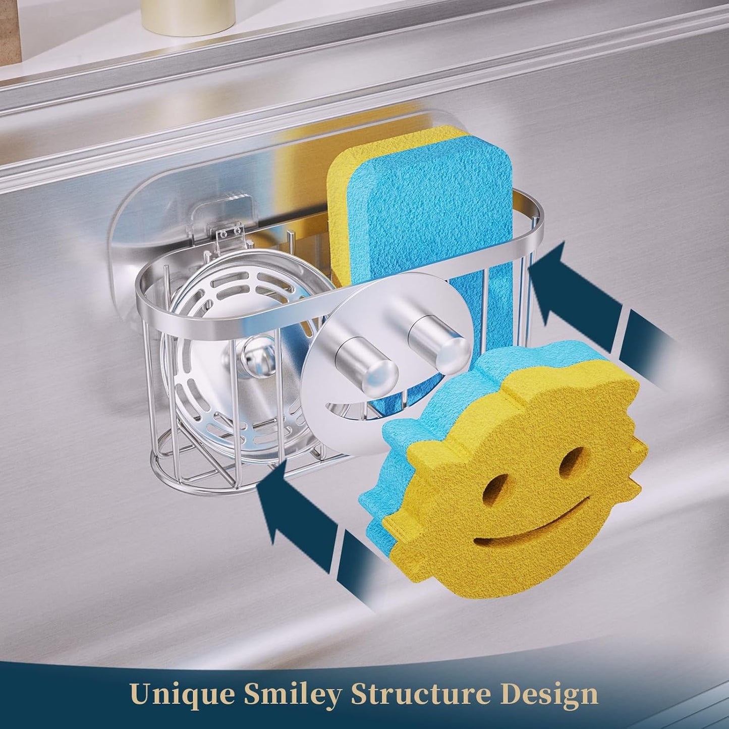Consumest Sponge Holder Sink Caddy - Ladder Shaped Sponge Holder for Kitchen Sink with 2 Installation Ways (Suction Cups & Adhesive Hook), Rustproof Stainless Steel Kitchen Organizer, Silver