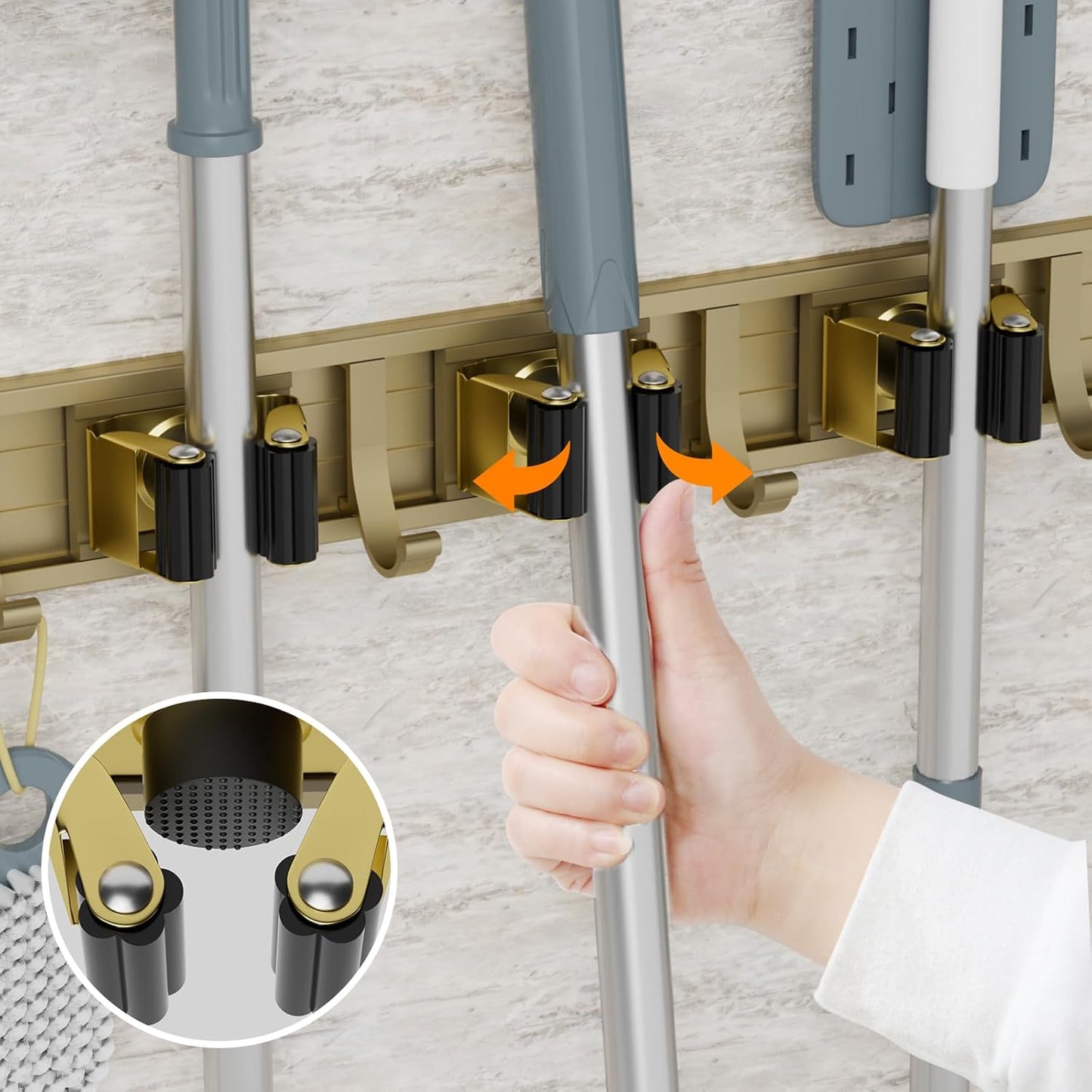 reliahom Adjustable Broom Holder Wall Mount, Mop Storage Tool Racks, Broom Hanger Tool Organizer for Garage, Kitchen, Garden, Laundry Room, 4 Racks 5 Hooks Silver
