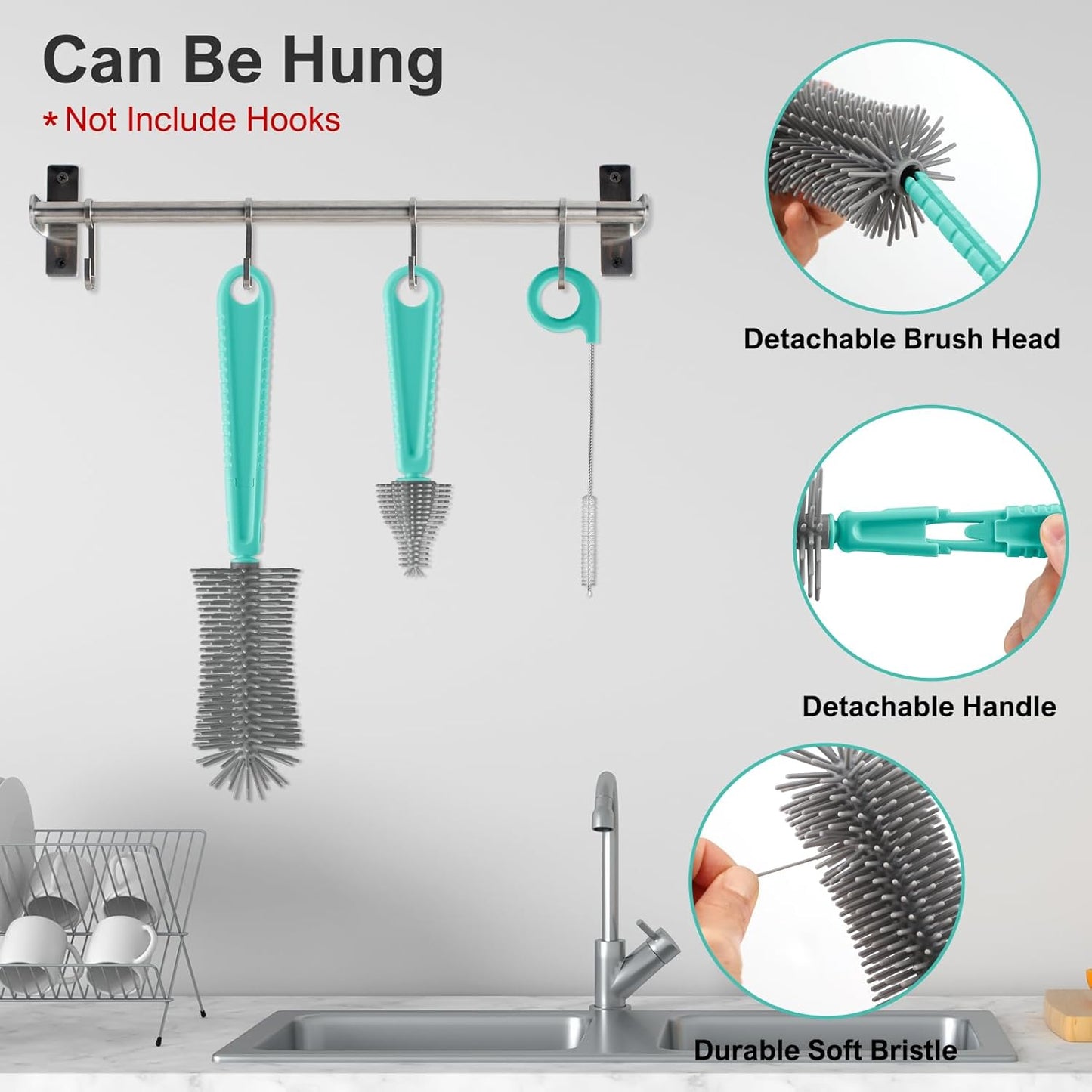 Bottle Brush Set -Baby Travel Essential-6 in 1 Bottle Cleaner Kit with Silicone Bottle Brush,Nipple Cleaner Brush,Straw Brush,Soap Dispenser,Storage Box,Bottle Drying Rack for Home and Travel(Green)