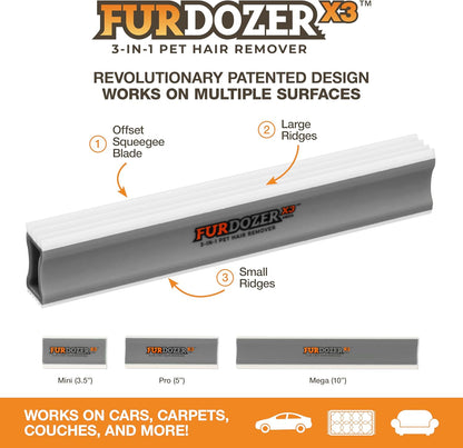 FurDozer Pet Hair Remover & Auto Detailing Tools - Cat & Dog Hair Remover for Carpets, Car Interiors, Couches, Bedding, & Pet Furniture (Gray, X3 PRO - 5" Long)