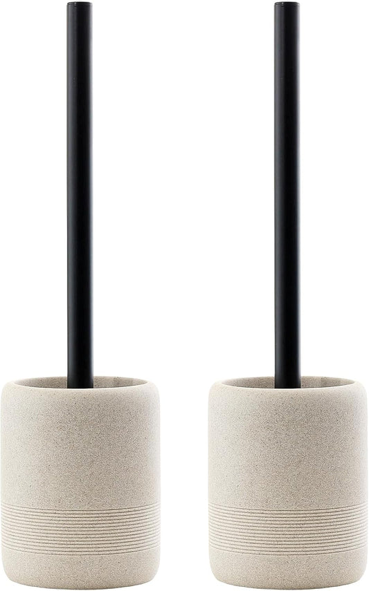 Toilet Brush and Holder Set, 2 PCS Decorative Toilet Bowl Brush and Holder Set Bathroom Aceessories Toilet Scrubber Brush Set with Heavy-Weight Resin Base with Long Handle (Beige)
