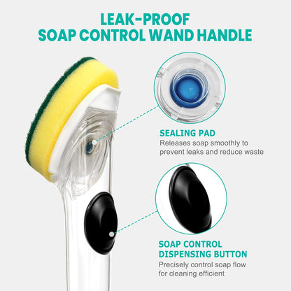 Dishwand with Refills, Dish Wand with Handle Replacement Sponge Heads, Non Scratch Soap Control Leak-Proof Dispenser Scrub,Heavy Duty Advanced Scrubber Brush Pads for Cleaning Dishes Sink Washing Tool