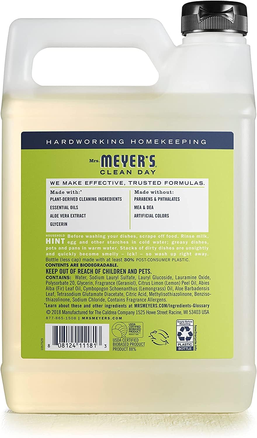 MRS. MEYER'S CLEAN DAY Liquid Dish Soap, Lemon Verbena, 16 fl. Oz
