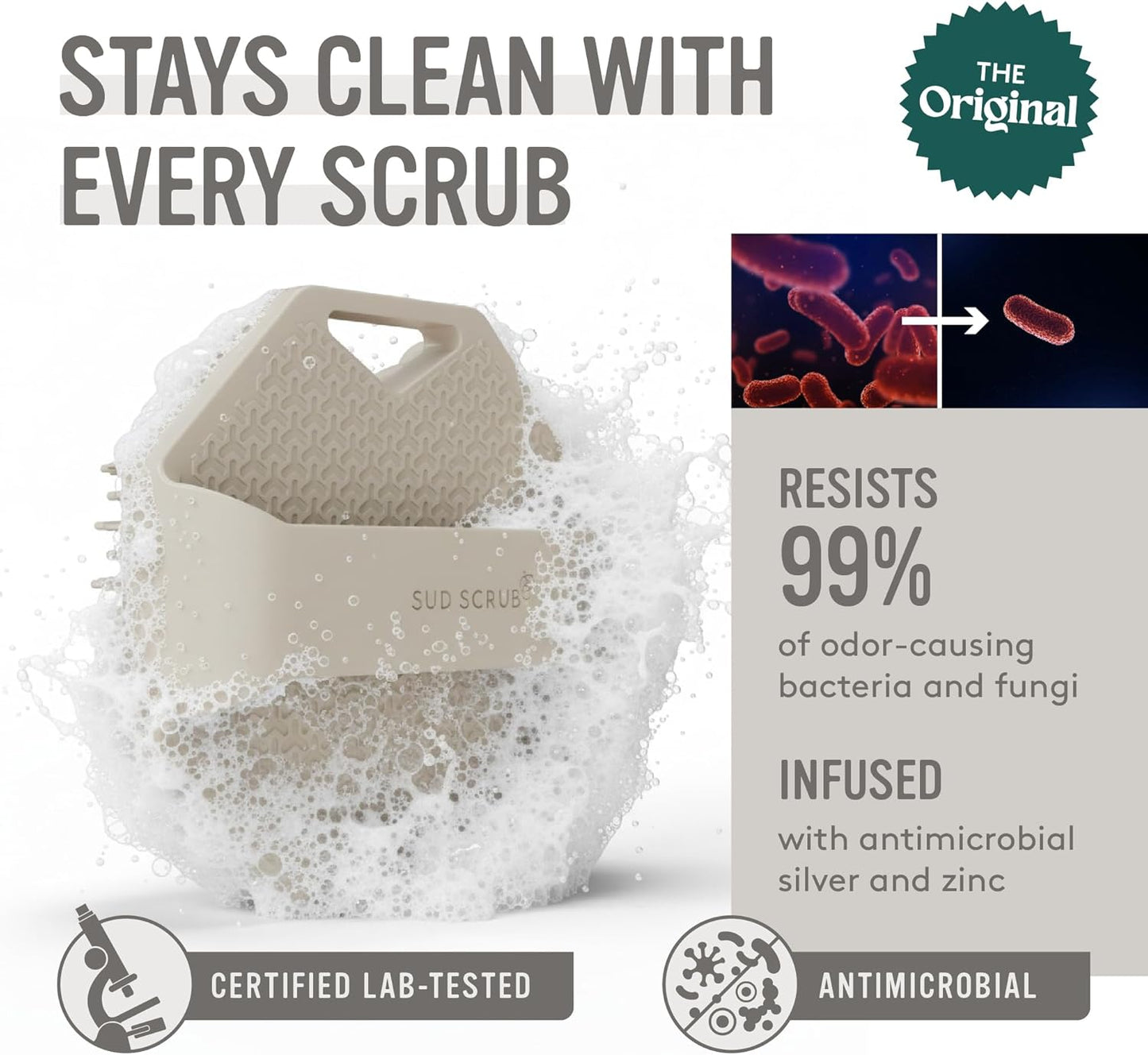 Sud Scrub® Antimicrobial Silicone Body Scrubber, Exfoliating Body Brush for Sensitive Skin, Antibacterial Shower Scrubber for Body, Bathroom Essentials for Men & Women, Charcoal