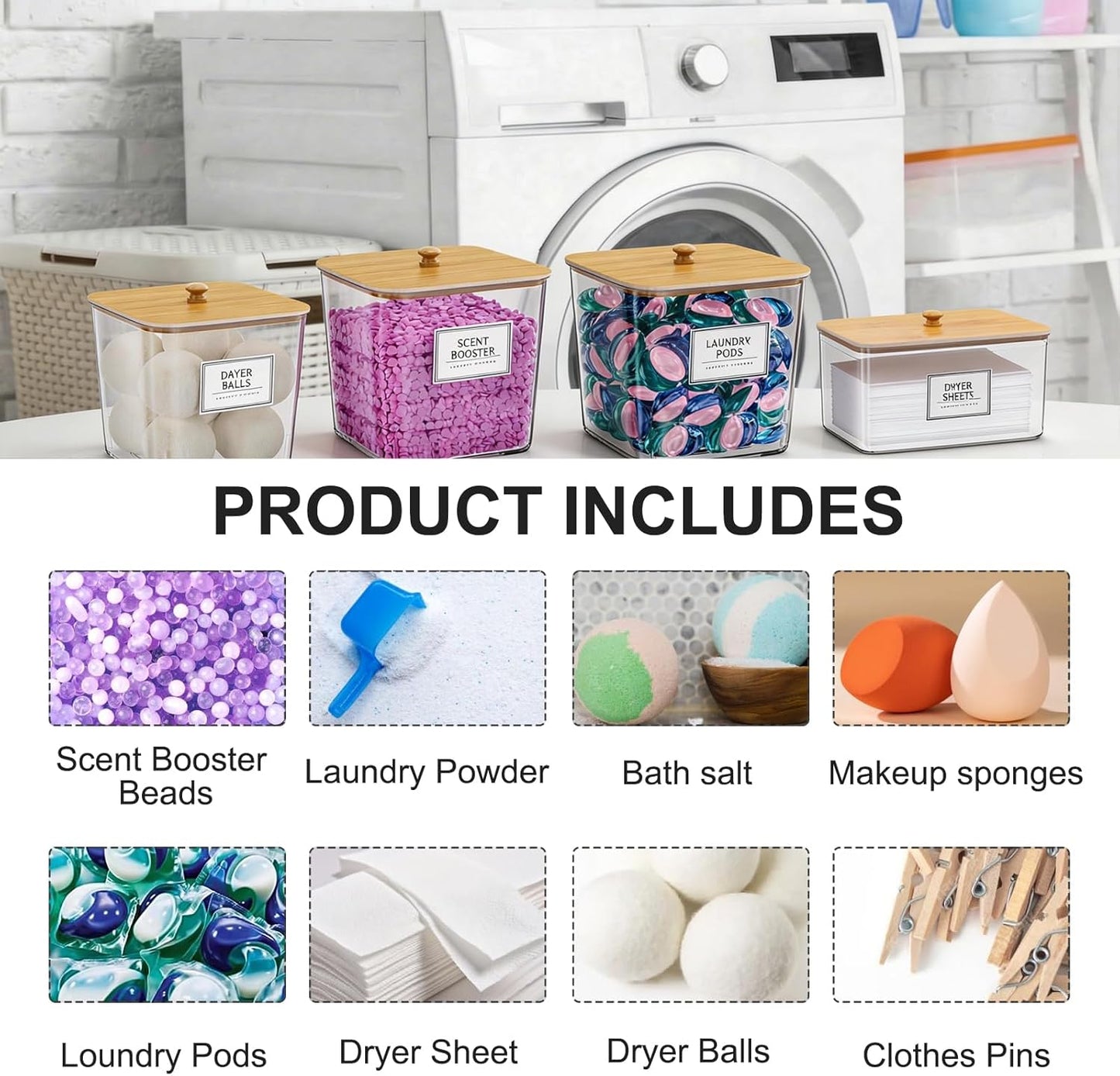 FUSHITON Laundry Pods Storage Container, 4+1 Set Clear Containers with Bamboo Lids for Detergent Pods, Scent Beads & Dryer Sheets, Includes 16 Labels and 3 Measuring Scoops