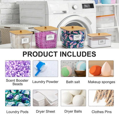 FUSHITON Laundry Pods Storage Container, 4+1 Set Clear Containers with Bamboo Lids for Detergent Pods, Scent Beads & Dryer Sheets, Includes 16 Labels and 3 Measuring Scoops