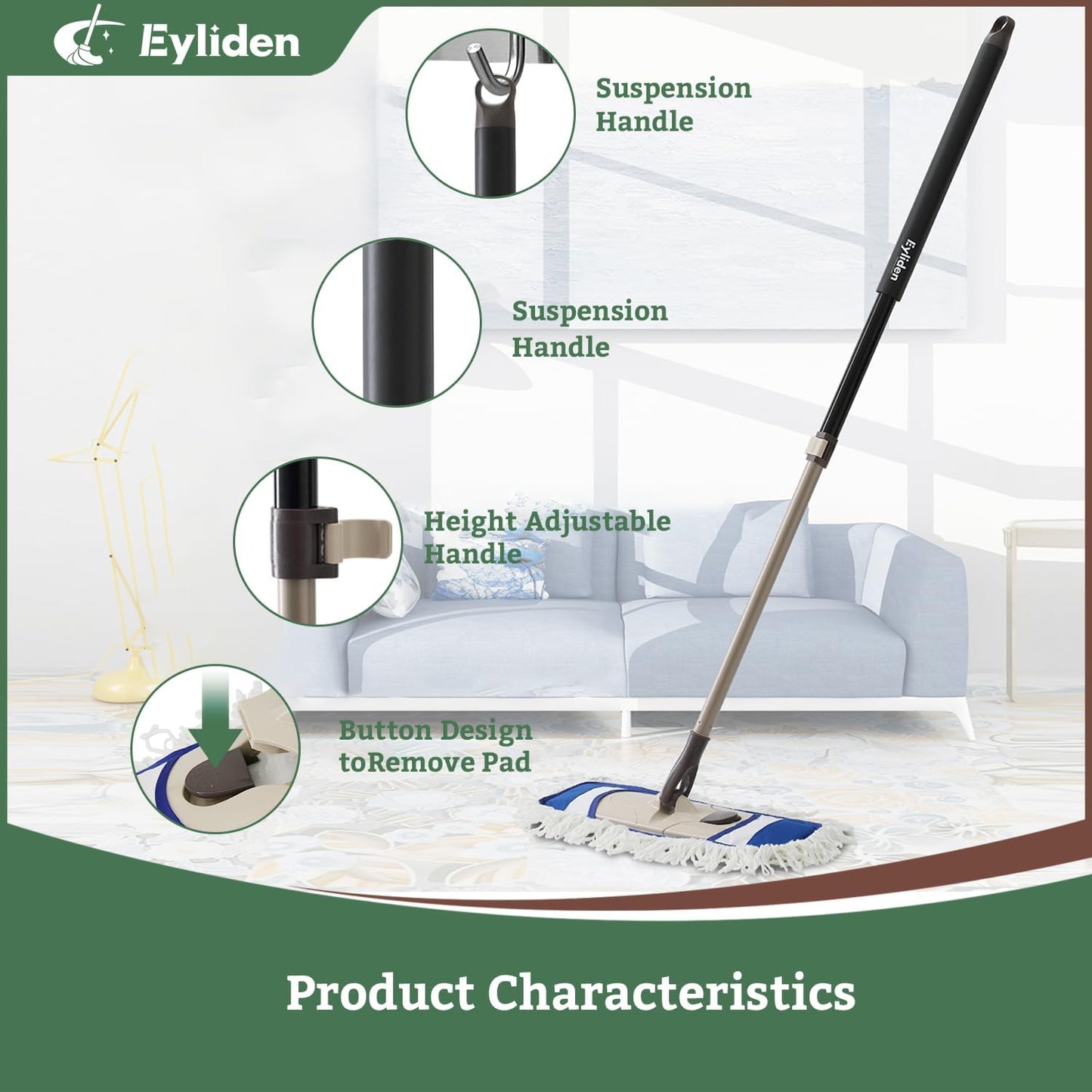 Eyliden Dust Mop with Reusable Washable Pads - One-Touch Pad Release, Height Adjustable Handle, Total 2 Mop Cloths, Wet Dry Mops for Floor Cleaning, Hardwood, Laminate, Tile Floor Push Dust Broom