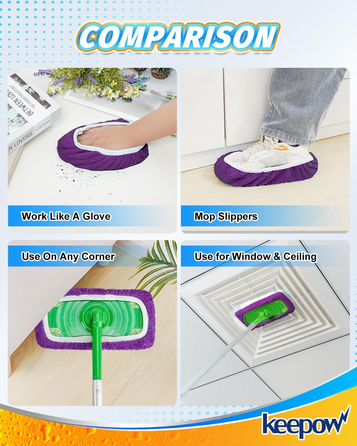 KEEPOW Reusable Mop Pads Compatible with Swiffer Sweeper Mop, Dry Sweeping Cloths for Swiffer Pads, 8 Pack Washable Microfiber Wet Mopping Cloth Refills for Surface/Hardwood Floor Cleaning