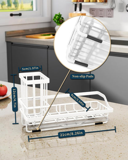 Consumest Sink Caddy, Kitchen Sponge Holder with Dish Brush Holder, Kitchen Organizer with Drip Tray for Countertop, Stainless Steel Rustproof - Silver