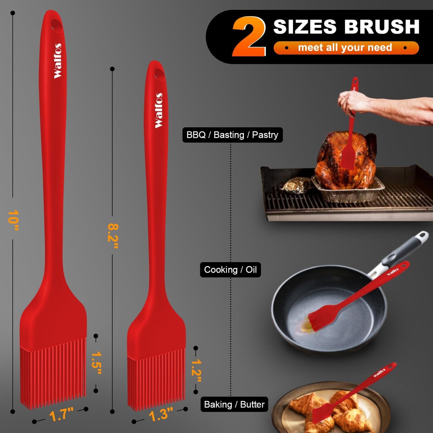 Walfos Silicone Basting Pastry Brush, Heat Resistant Pastry Brush Set, Strong Steel Core and One-Pieces Design, Perfect for BBQ Grill Baking Kitchen Cooking, BPA Free and Dishwasher Safe, 2 Pcs (Blue)