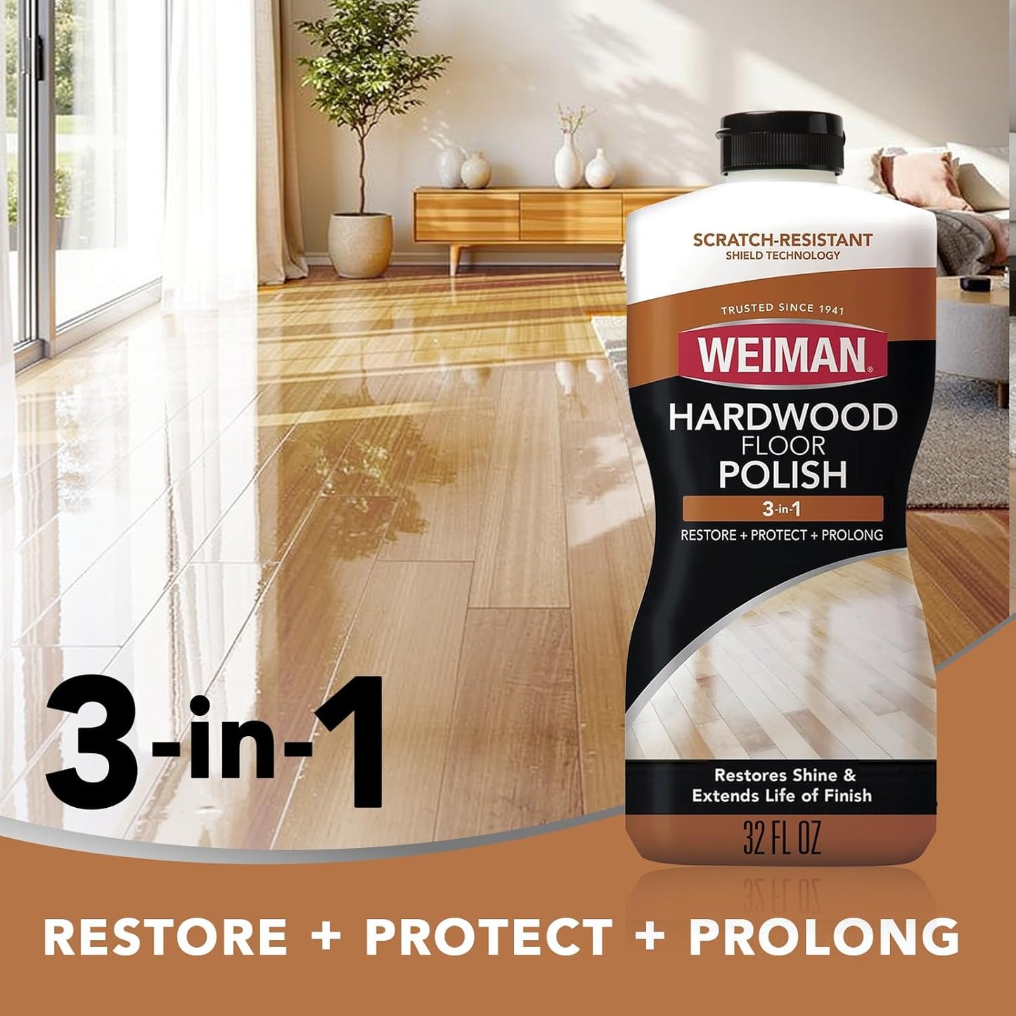 Weiman Wood Floor Polish and Restorer - 32 Ounce - High-Traffic Hardwood Floor, Natural Shine, Removes Scratches, Leaves Protective Layer, Packaging May Vary