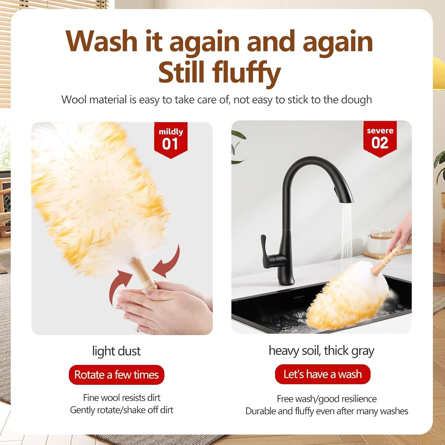Lambswool Duster for Cleaning with Solid Wooden Handle Leather Hang Strap 87.8" Removable Retractable Feather Duster for Cleaning Ceiling Fans Window Blinds Interior Roof Furniture(2 Pack)