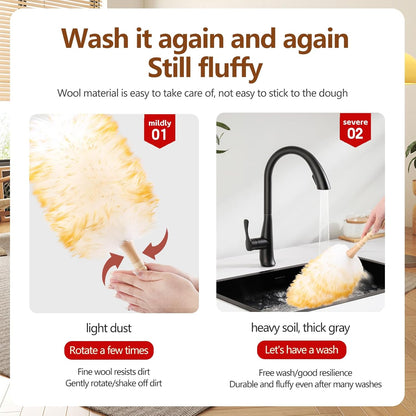 Lambswool Duster for Cleaning with Solid Wooden Handle Leather Hang Strap 87.8" Removable Retractable Feather Duster for Cleaning Ceiling Fans Window Blinds Interior Roof Furniture(2 Pack)