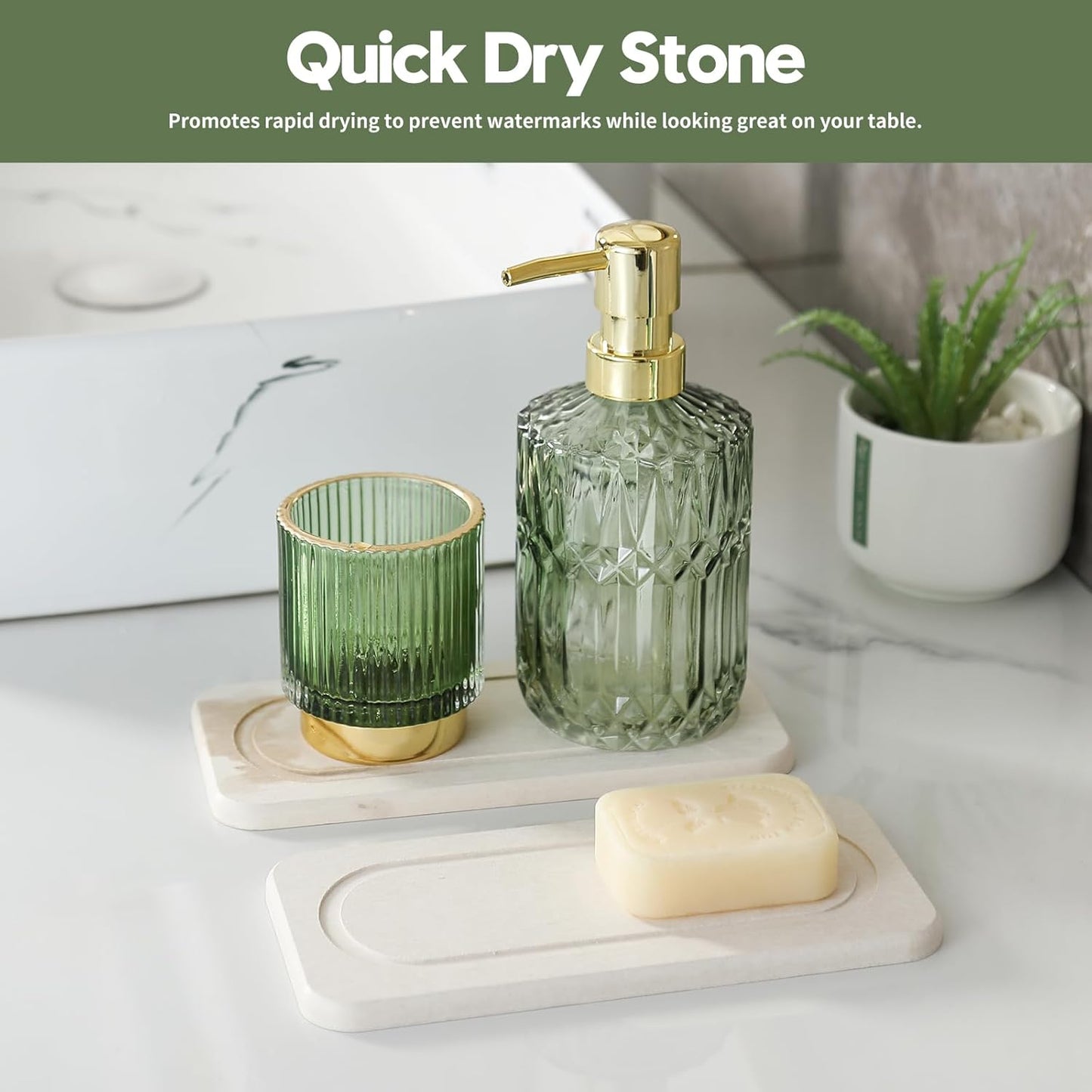 Fast Water Absorption Sink Organizer Tray Set, 3-Pack Compact and Space-Saving Stone Soap Holder Caddy for Kitchen & Bathroom Counter, Faucet Splash Guard, White (1pc of 8"x3.8" + 2pcs of 3.8"x3.8")