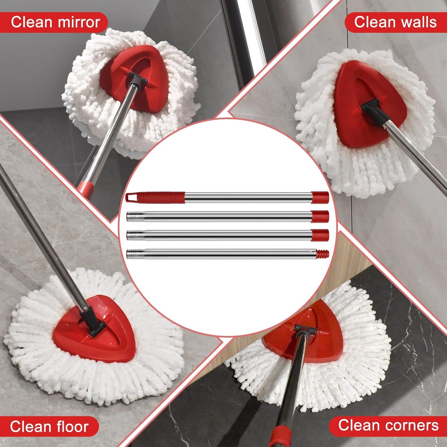 4 Part Stainless Steel Spin Mop Handles, Mop Base & Upgrade Scrub Brush Combo for Ocedar EasyWring 1 Tank Spin Mop System, Mop Handle Mop Base & Brush Set for O Cedar Mop, Universal Thin Screw Joints