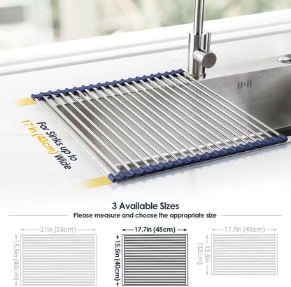 Tomorotec 17.7" x 15.5" Roll Up Dish Drying Rack Over Sink Drying Rack Sink Cover Kitchen Sink Accessories Gadget Multipurpose Organizer Foldable Stainless Steel Drainer (Grey)