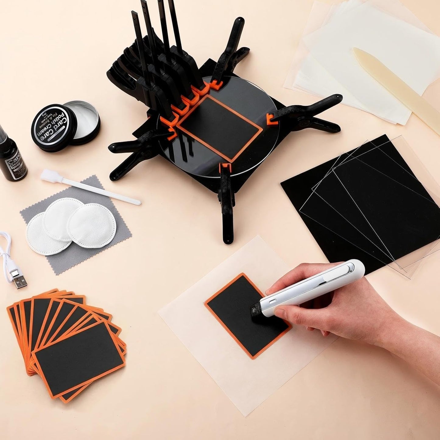 Grinsvalley 213 Pcs Card Cleaning Kit Sports Trade Card Flattening Tool Kit, Cleaning Spray, Polishing Paste, Microfiber Cloth, Acrylic Sheets, Plastic Clamps, Thermal Pen, PC Sheets
