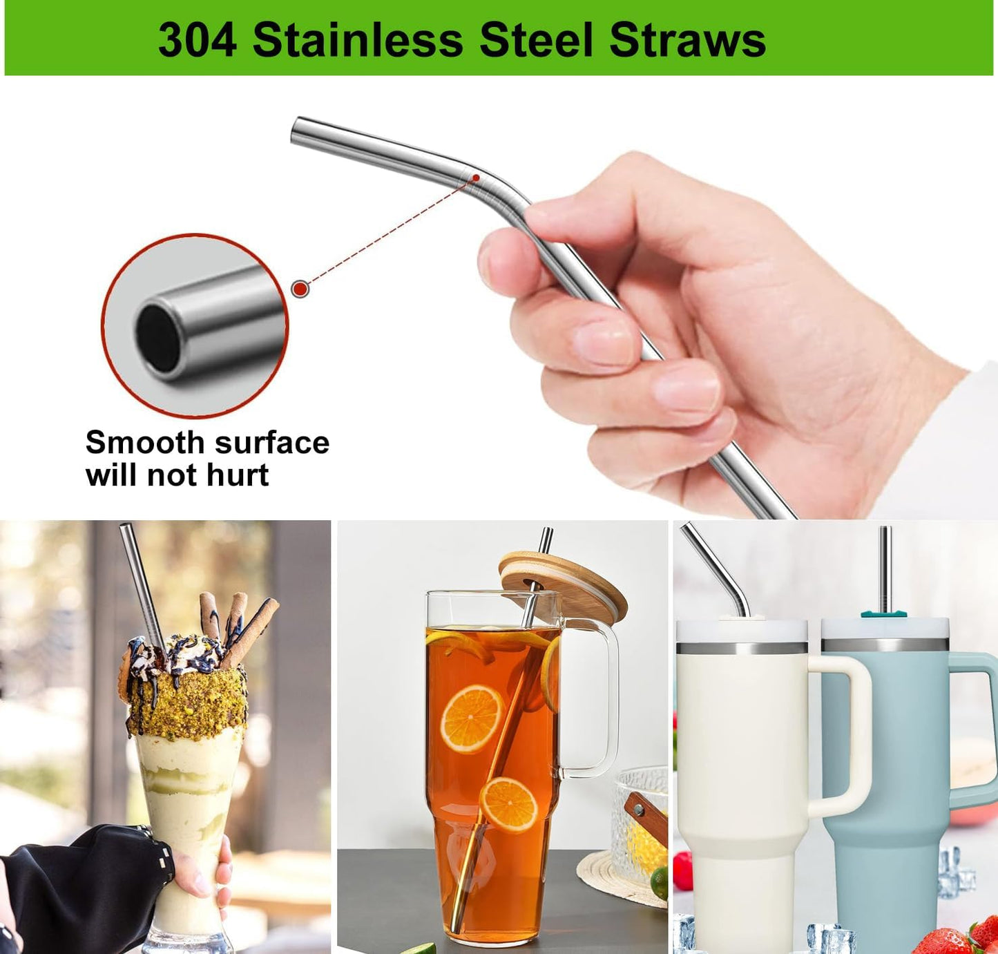 Vinaco Stainless Steel Smoothie Straws, 0.4'' Extra Wide Reusable Metal Drinking Straws for Milkshake, Smoothie, Beverage, Set of 4 with 1 Cleaning Brush