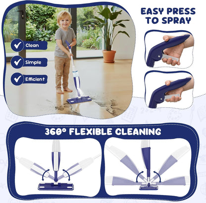 Kids Spray Mop - Chores Chart Set Montessori Cleaning Toy Set with Real Water Sprayer 2PCS Washable Pads and 10PCS Disposable Mop Pads for Ages 3-8 (Blue)