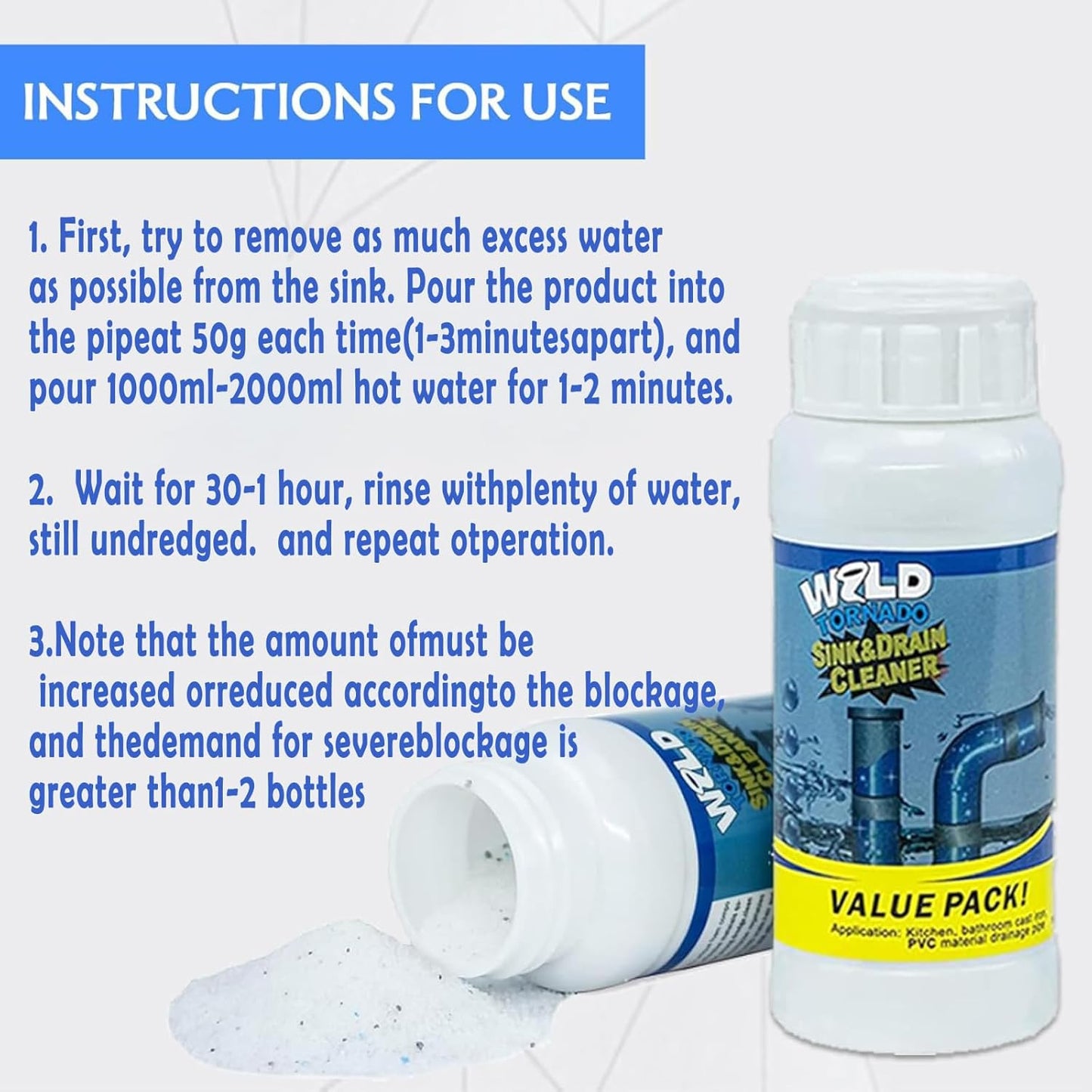 Wild Tornado Powerful Sink & Drain Cleaner Powder - Quick Foaming Super Cleaning Agent for Kitchen, Bathroom & Toilet Pipes (2pcs)