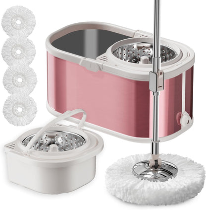 Spin Mop and Bucket with Wringer Set for Home,360° Mop and Bucket with Separate Clean and Dirty Water,Wet Dust Mop for Floor Cleaning with Extra Refills (Silver)