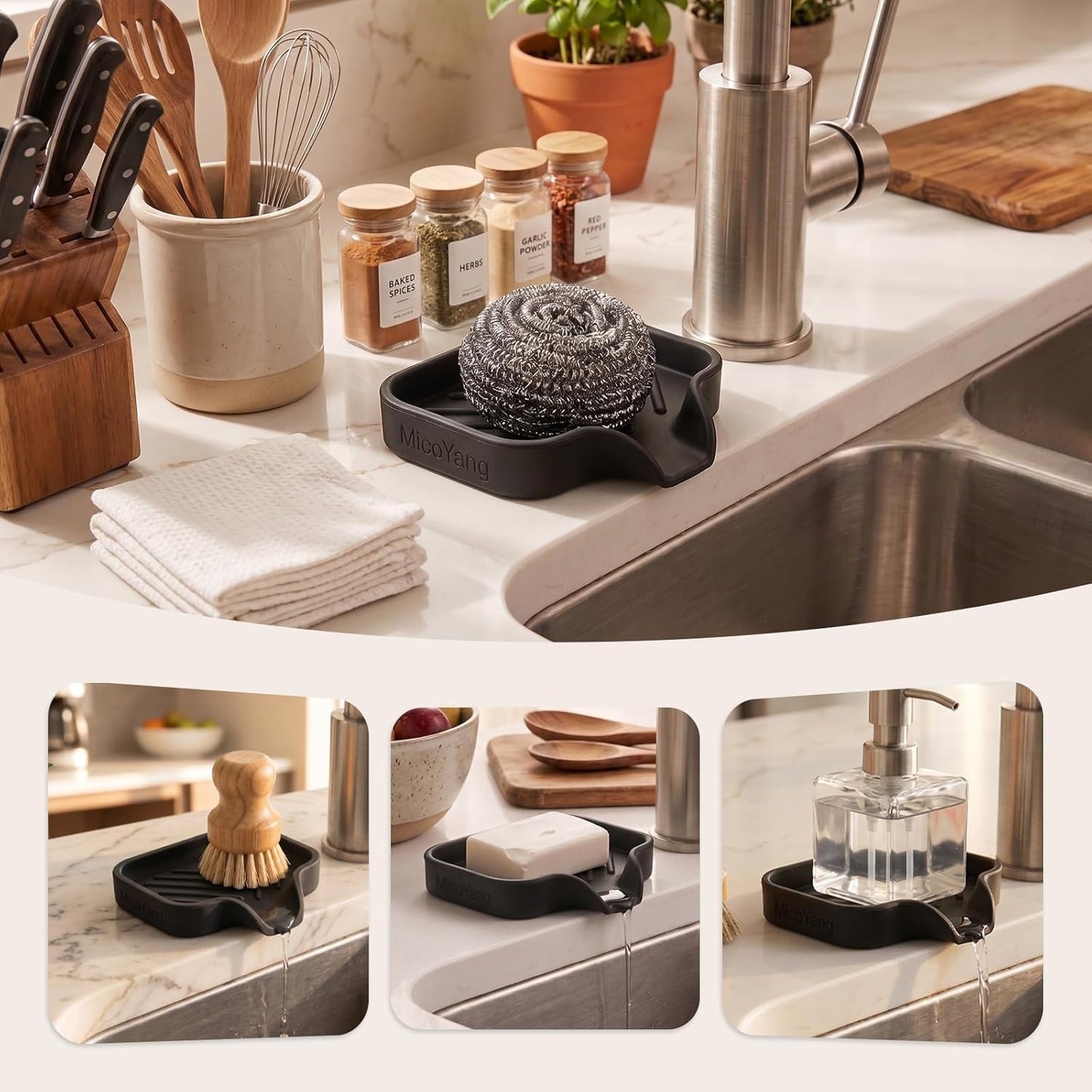 MicoYang Silicone Bathroom Soap Dishes with Drain Spout-Bathroom and Kitchen Sink Organizer,Sponge Holder,Dish Soap Tray,Perfect for Dispenser,Scrubber,Bottle,Cup on Sink or Counter-Black 4.9"×3.2"