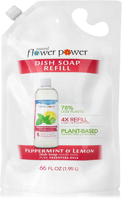Natural Flower Power Liquid Dish Soap Refill – 66 Fl Oz Refills 4X – Plant-Based & Scented w/Pure Essential Oils – Natural Dishwashing Detergent – Sulfate-Free Kitchen Soap (Lavender)