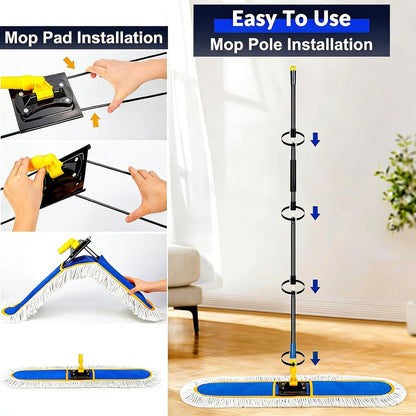 48" Commercial Industrial Dust Mop for Floor Cleaning, Large Floor Dust Broom with Washable Mops Pads, Wet Dry Duster Mops for Hardwood Floors,Marble, Laminate, Tile, Concrete, Garage,Blue