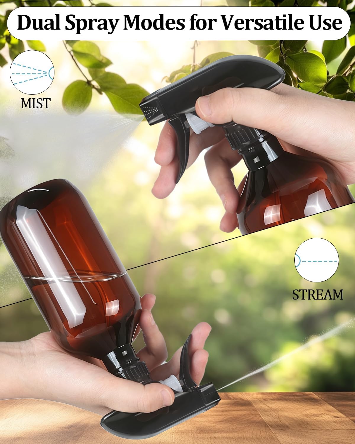 2 Pack 360° Spray Bottles, 10 oz Plastic Small Containers with Adjustable Spray Nozzles, Spray Bottles for Hair, Cleaning Solutions, BBQ and Plants Clear