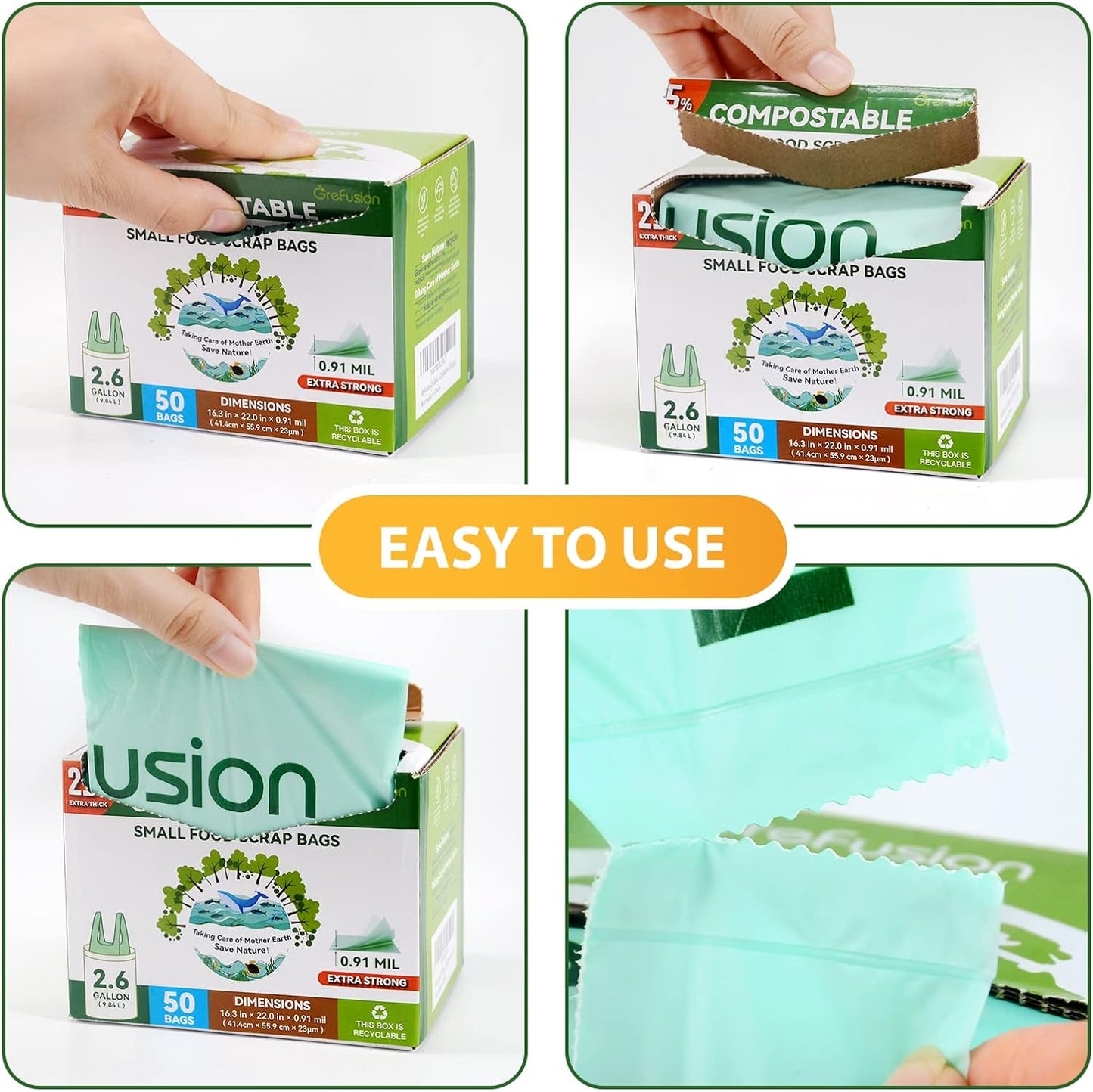 GreFusion Compostable Bags 1.2 Gallon,125 Count, Fits 0.75,1,1.2,1.3,1.6,1.8 Gallon Countertop Bin, Small compost bags, Certified by BPI, ASTM D6400 and OK Compost